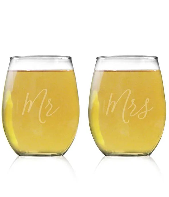 Mr. & Mrs. Stemless Wine Glass Set - ROSE GARDEN