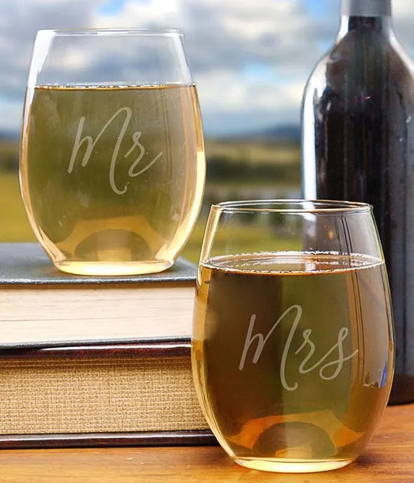 Mr. & Mrs. Stemless Wine Glass Set - ROSE GARDEN
