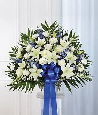 Blue & White Sympathy Standing Basket - ROSE GARDEN