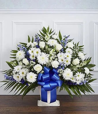 Blue & White Sympathy Floor Basket - ROSE GARDEN