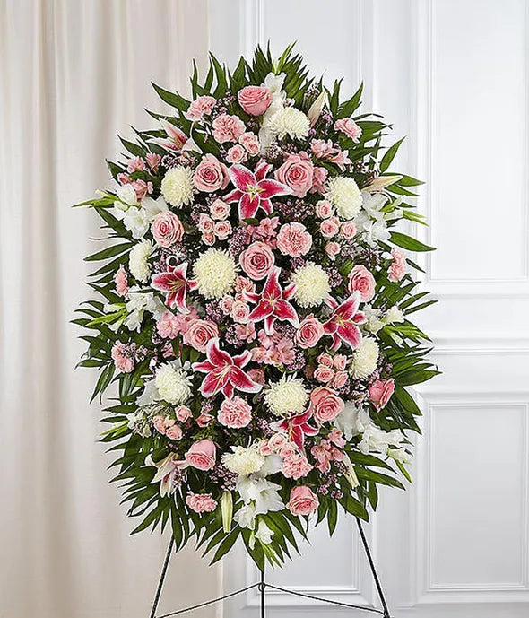 Pink & White Sympathy Standing Spray - ROSE GARDEN
