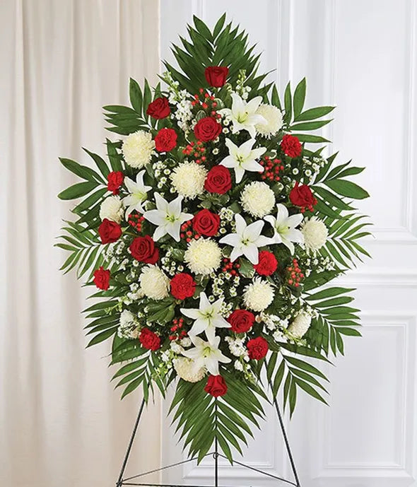 Red & White Sympathy Standing Spray - ROSE GARDEN
