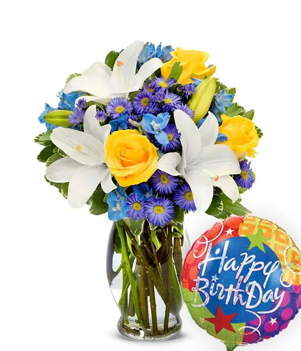 Bright Blue Skies Bouquet with Birthday Balloon - ROSE GARDEN