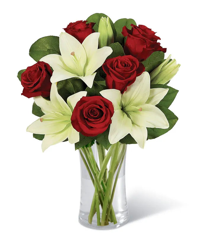 Whimsical White Lily &amp; Red Rose Bouquet - ROSE GARDEN