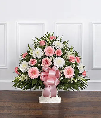 Pink &amp; White Sympathy Floor Basket - ROSE GARDEN