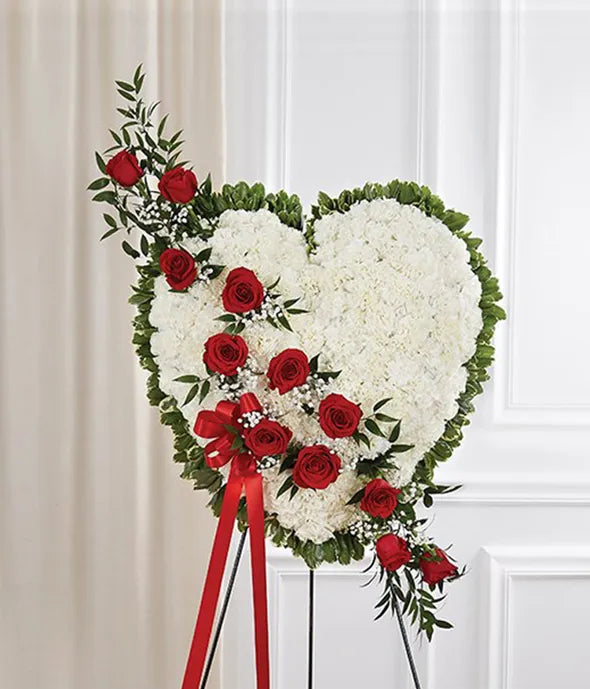 White Standing Heart With Red Roses - ROSE GARDEN