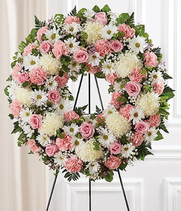 Pink &amp; White Standing Wreath - ROSE GARDEN