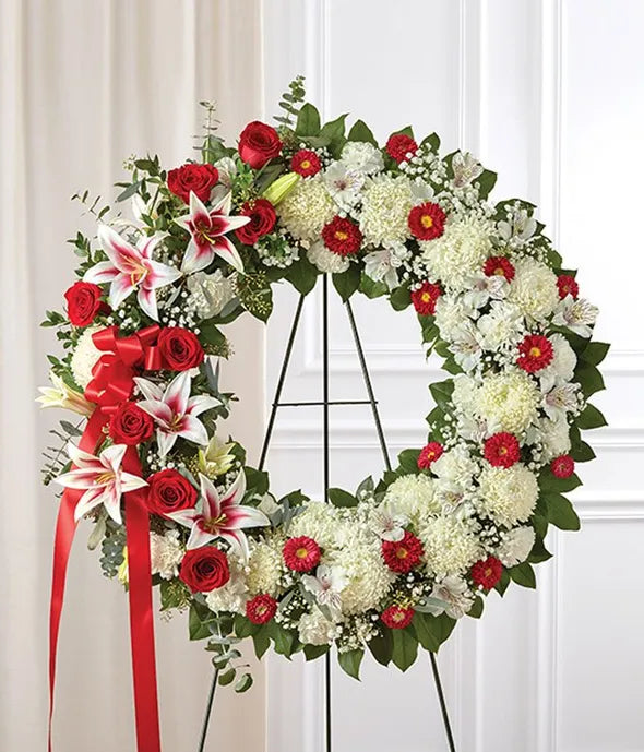 Red &amp; White Standing Wreath - ROSE GARDEN